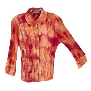 NWOT ESSENTIALS BY MILANO Top S Pink Coral Crinkle Pleated Jewel Crystal Button